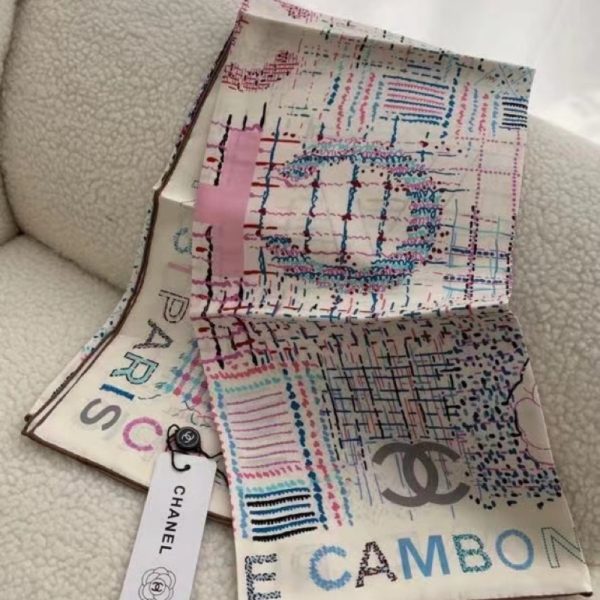 CHANEL SQUARE SCARF SILK TWILL MULTICOLOR IN WHITE 90CM