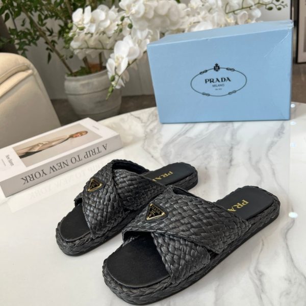 PRADA RAFFIA CRISSCROSS SLIDES BLACK 1XX750 027 F0002 F 020