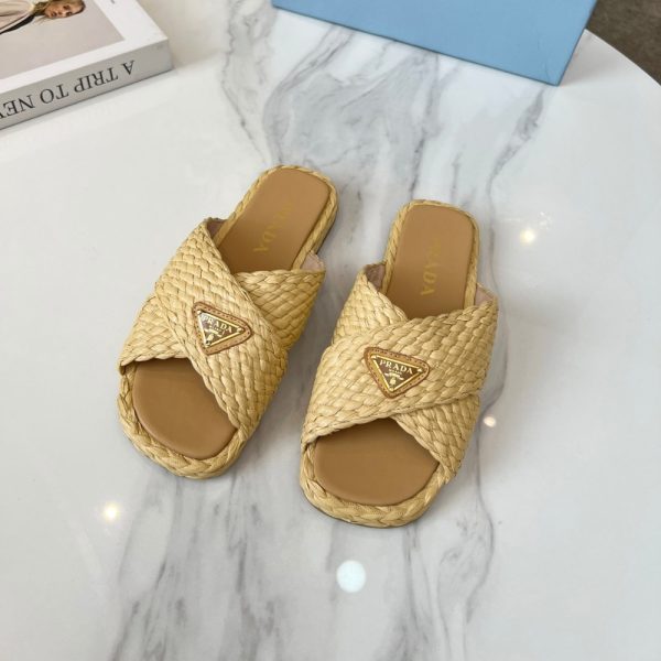 PRADA RAFFIA CRISSCROSS SLIDES NATURAL