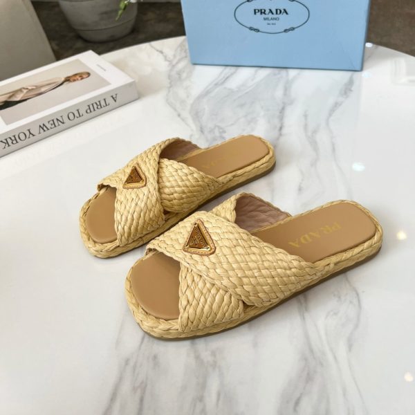 PRADA RAFFIA CRISSCROSS SLIDES NATURAL