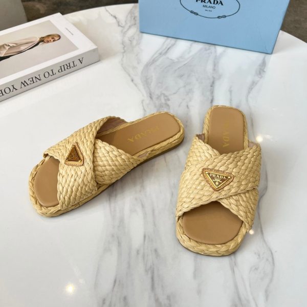 PRADA RAFFIA CRISSCROSS SLIDES NATURAL