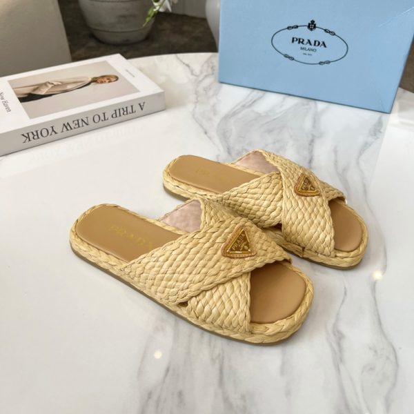 PRADA RAFFIA CRISSCROSS SLIDES NATURAL