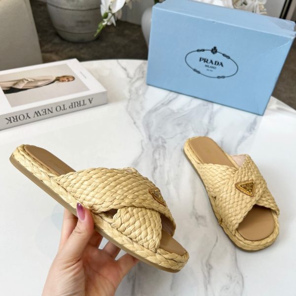 PRADA RAFFIA CRISSCROSS SLIDES NATURAL