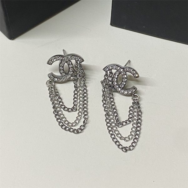 CHANEL STUD EARRINGS WITH CRYSTAL AND MULTI CHAIN IN SILVER TONE