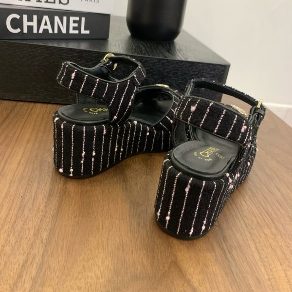 CHANEL COTTON TWEED CC PLATFORM SANDALS BLACK WHITE