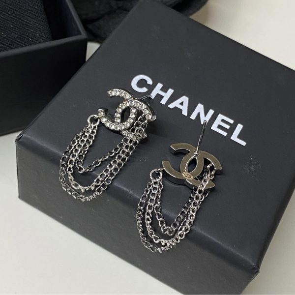 CHANEL STUD EARRINGS WITH CRYSTAL AND MULTI CHAIN IN SILVER TONE
