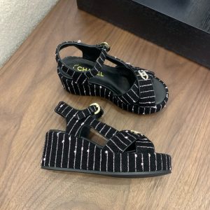 CHANEL COTTON TWEED CC PLATFORM SANDALS BLACK WHITE