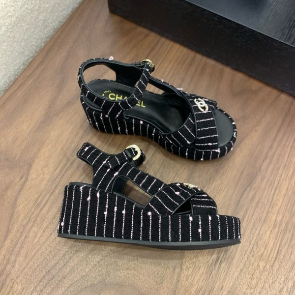 CHANEL COTTON TWEED CC PLATFORM SANDALS BLACK WHITE