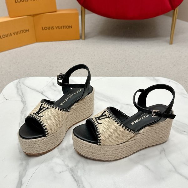LOUIS VUITTON HELIOS WEDGE SANDAL RAFFIA BLACK