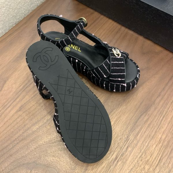 CHANEL COTTON TWEED CC PLATFORM SANDALS BLACK WHITE