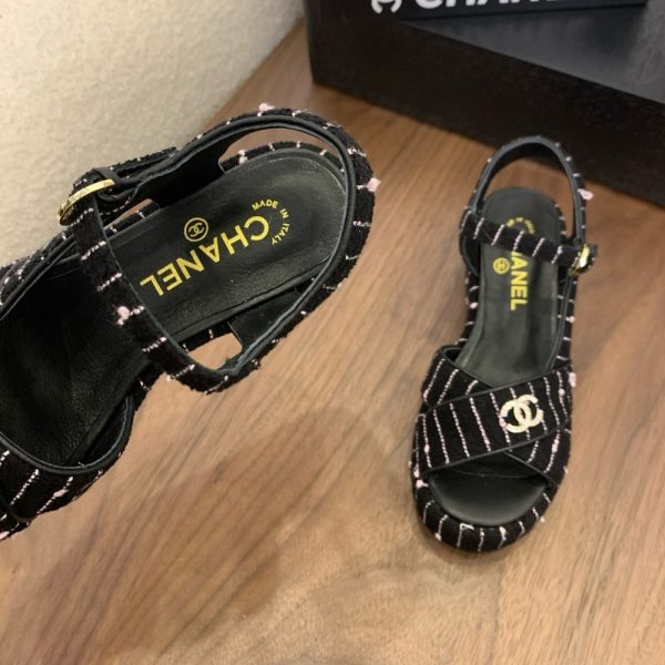 CHANEL COTTON TWEED CC PLATFORM SANDALS BLACK WHITE