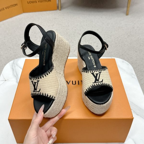 LOUIS VUITTON HELIOS WEDGE SANDAL RAFFIA BLACK