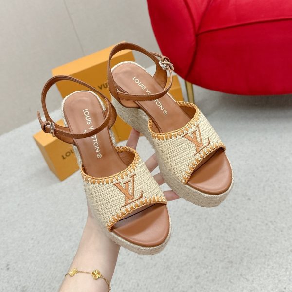 LOUIS VUITTON HELIOS WEDGE SANDAL RAFFIA BROWN
