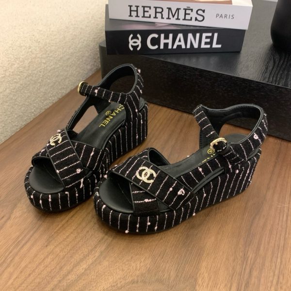 CHANEL COTTON TWEED CC PLATFORM SANDALS BLACK WHITE