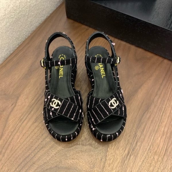 CHANEL COTTON TWEED CC PLATFORM SANDALS BLACK WHITE