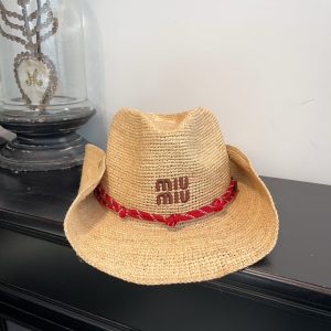 MIUMIU RAFFIA HAT BEIGE AND BURGUNDY 5HC335 2CWE F0Y59