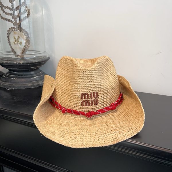 MIUMIU RAFFIA HAT BEIGE AND BURGUNDY 5HC335 2CWE F0Y59
