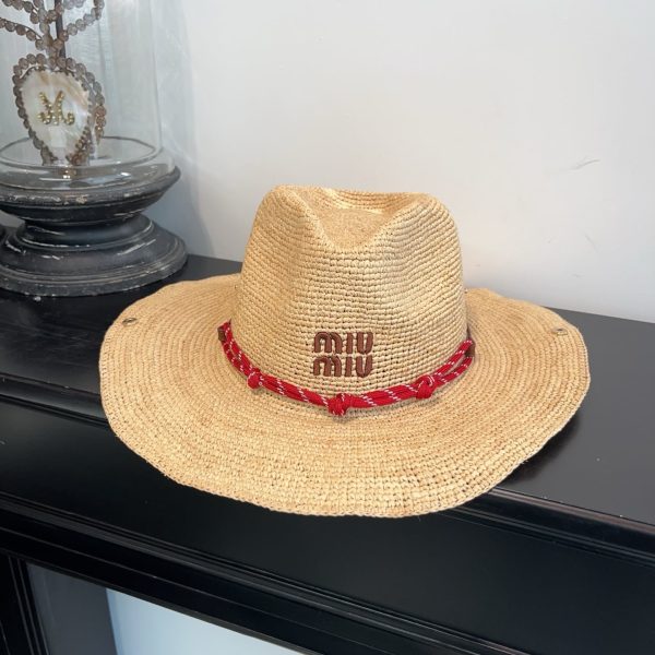 MIUMIU RAFFIA HAT BEIGE AND BURGUNDY 5HC335 2CWE F0Y59