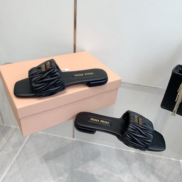 MIUMIU MATELASSÉ NAPPA LEATHER SLIDES BLACK