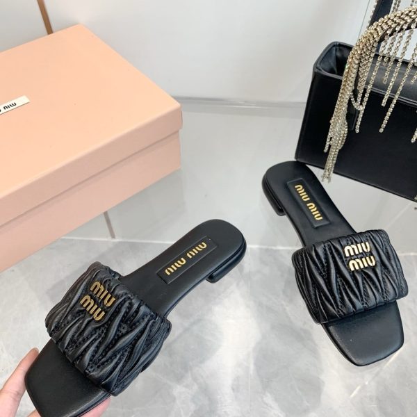 MIUMIU MATELASSÉ NAPPA LEATHER SLIDES BLACK