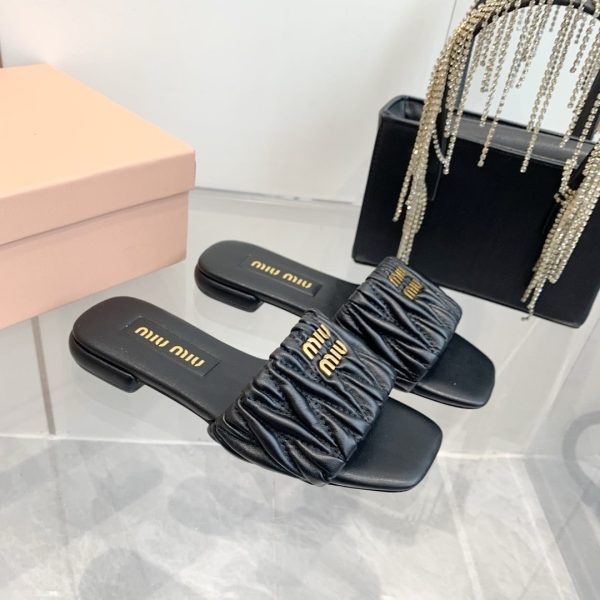 MIUMIU MATELASSÉ NAPPA LEATHER SLIDES BLACK