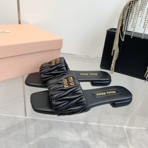 MIUMIU MATELASSÉ NAPPA LEATHER SLIDES BLACK