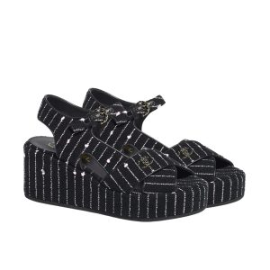 CHANEL COTTON TWEED CC PLATFORM SANDALS BLACK WHITE