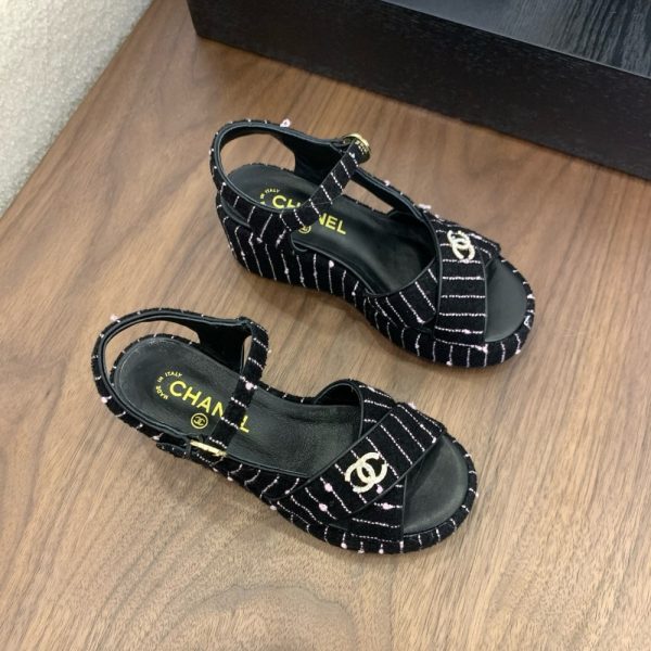 CHANEL COTTON TWEED CC PLATFORM SANDALS BLACK WHITE