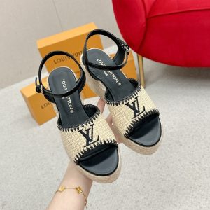 LOUIS VUITTON HELIOS WEDGE SANDAL RAFFIA BLACK