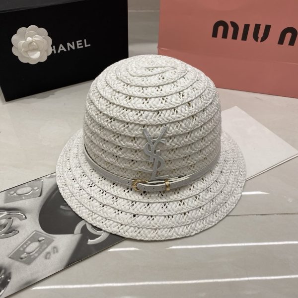 SAINT LAURERT YSL RAFFIA BUCKET HAT WHITE