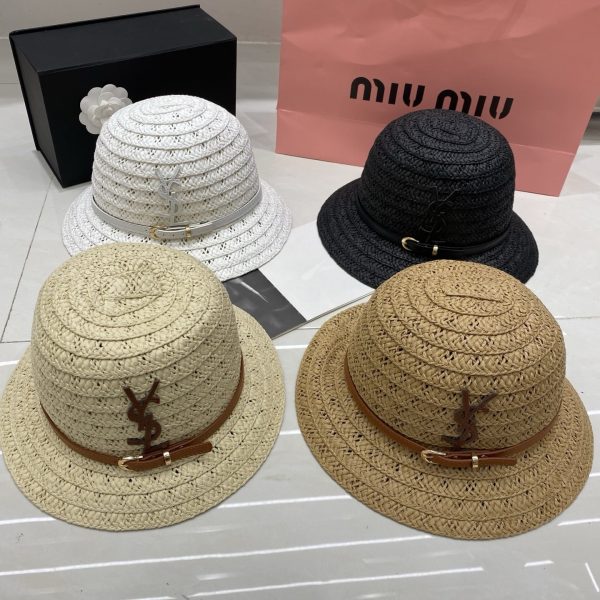 SAINT LAURERT YSL RAFFIA BUCKET HAT WHITE